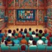 "Image of Hulu and public libraries collaborating to provide free access to students, showcasing a library setting with students engaging with tablets and digital content."