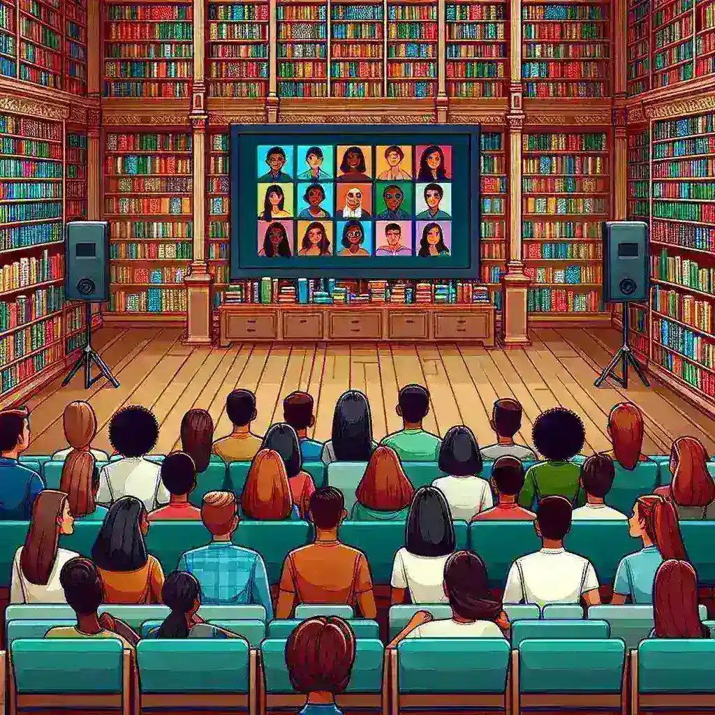 "Image of Hulu and public libraries collaborating to provide free access to students, showcasing a library setting with students engaging with tablets and digital content."