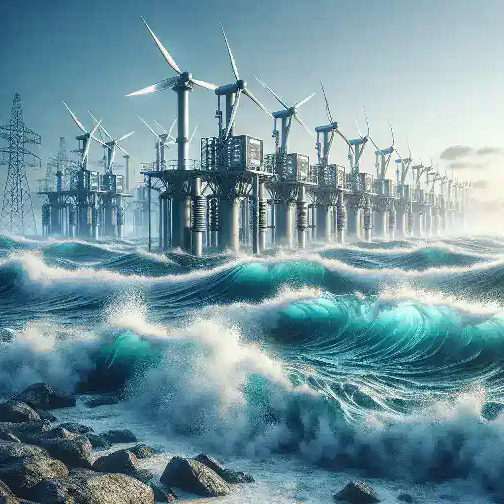 "Wave energy converter harnessing ocean motion to generate clean electricity, showcasing renewable energy technology in action."
